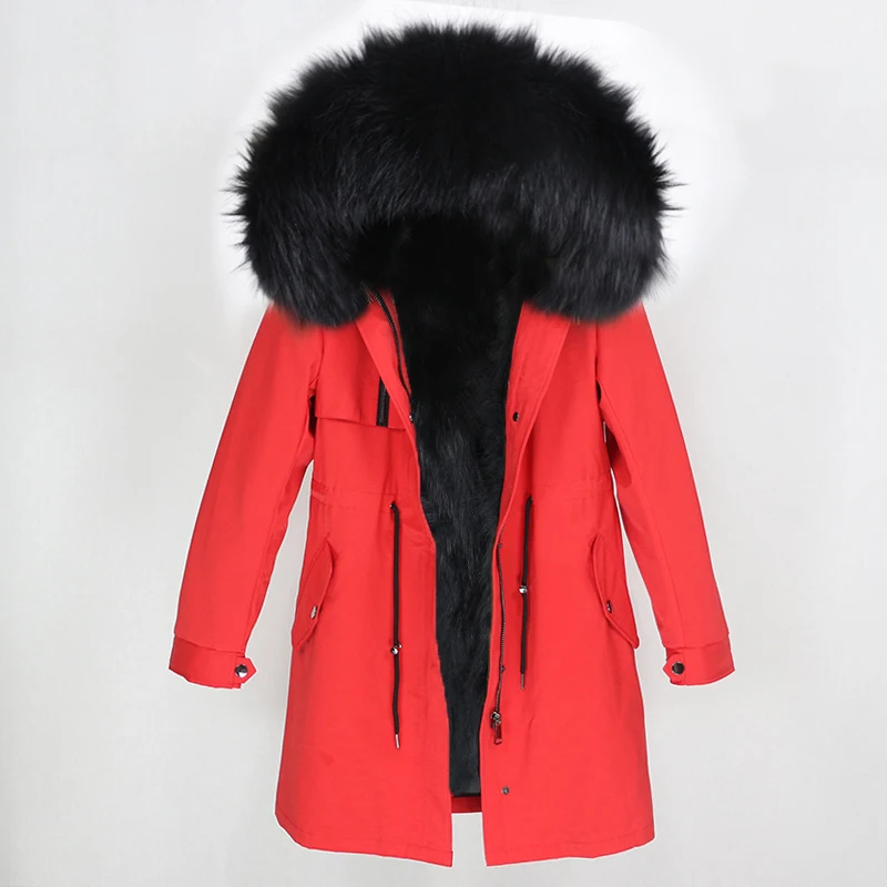 red black OFTBUY, водонепроницаемая парка, пальто из натурального меха, зимняя куртка для женщин, натуральный мех енота, меховой воротник, Лисий мех, подкладка, теплая Толстая Уличная верхняя одежда - Цвет: red black