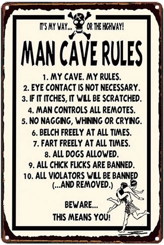 

Original Retro Design Man Cave Rules Tin Metal Signs Wall Art | Thick Tinplate Print Poster Wall Decoration for Garage/Man Cave