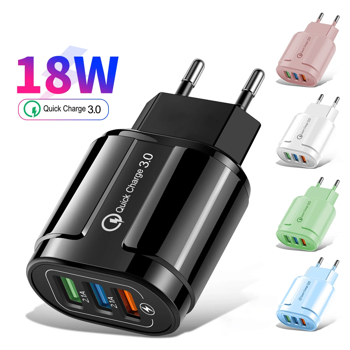 

18W USB Charger Fast Charge QC 3.0 Wall Charging For iPhone 13 12 Samsung Xiaomi Mobile 3 Ports EU US UK Plug Adapter Travel