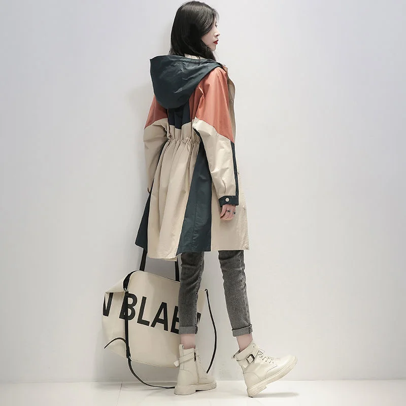 

Ветровка женская средней длины, Новинка весна-осень 2023, Корейская Свободная Повседневная контрастная Женская куртка с капюшоном