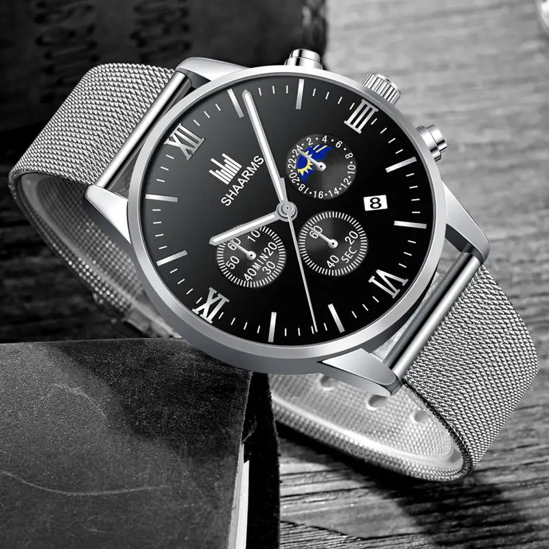 SHAARMS Новое поступление римские цифры часы серебро сетка группа мужские из