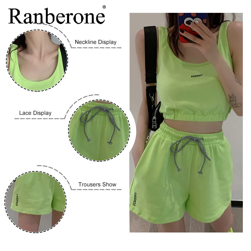 Ranberone Casual Running Sportswear Vest Shorts 2 Piece Set Women Tracksuit Solid Yoga Sets Female Fitness Gym Clothing 2021