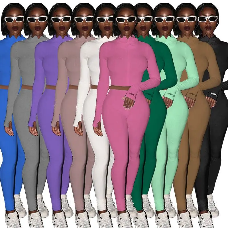 

Новинка, женские комплекты для фитнеса, осенний Топ с длинным рукавом и высоким воротником на молнии и костюмы с высокой талией, комплект из ...