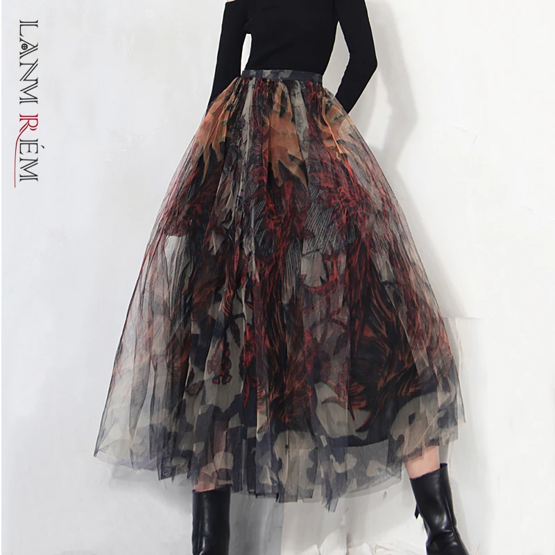 LANMREM High Waist All-match Irregular Skirt For Women Dream Printing Lace Mesh Long Skirt 2022 Autumn Summer Streetwear 2D1323