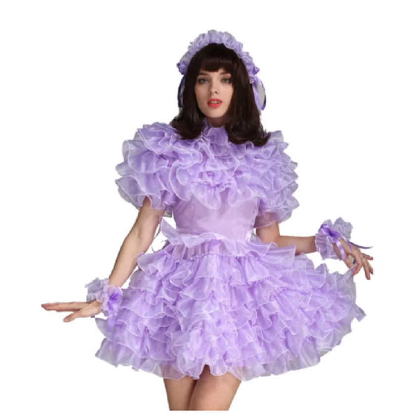 Sissy Girl Lockable Purple Satin Organza Puffy Dress Uniform Cosplay Costume Crossdress