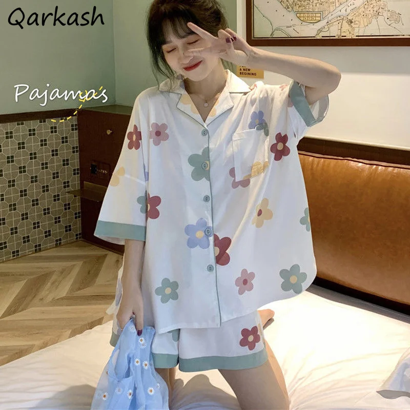 

Pajama Sets Women Summer Ins Floral Sweet Girls Soft Homewear Loose Casual Short Sleeve Cute Pocket Lace-Up Students Sleepwear