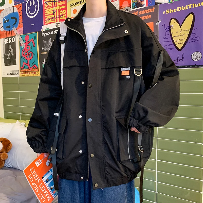 

Hip Hop Mens Windbreaker Jacket 2021 Autumn Mens Korean Fashions Bomber Jackets Ribbons Harajuku Oversize Jackets Man Outwear