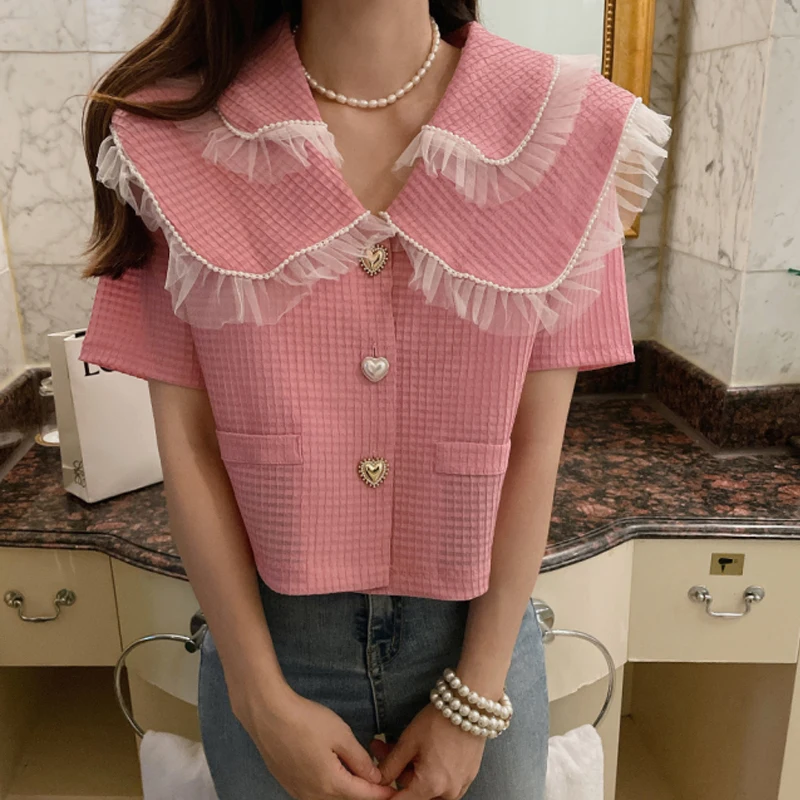 

New Korean Blouses Women Summer Gentle Sweet Pink Mesh Double Neck Crop Heart Buttons Skirt Top Elegant Single Breasted Shirt