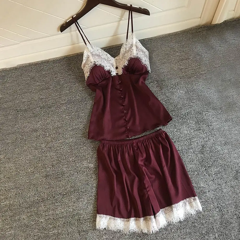 Женская пижама Сексуальный Атласный пижамный комплект белая кружевная Пижама с V