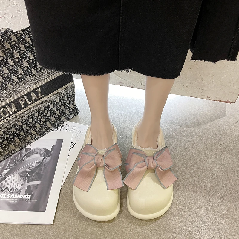 

Женские пушистые мягкие теплые тапочки, короткие плюшевые мягкие резиновые шлепанцы, удобные повседневные шлепанцы с бантом и украшением, ...