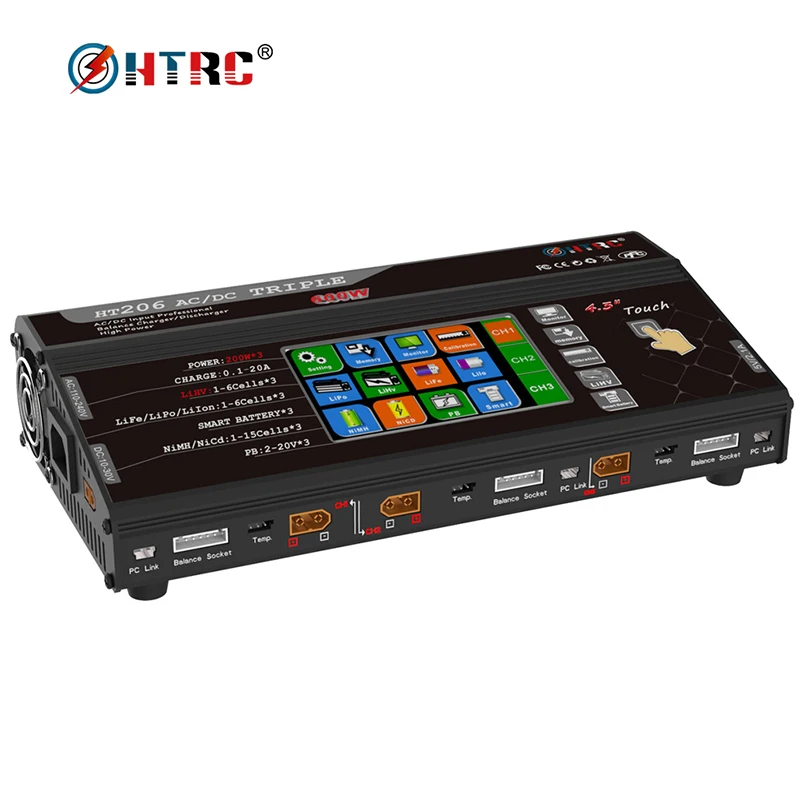 HTRC HT206 AC/DC TRI 200 Вт* 3 20A* 3 тройной порт RC баланс зарядное устройство для Lilon/LiPo/LiFe/LiHV батарея 4," цветной lcd сенсорный экран