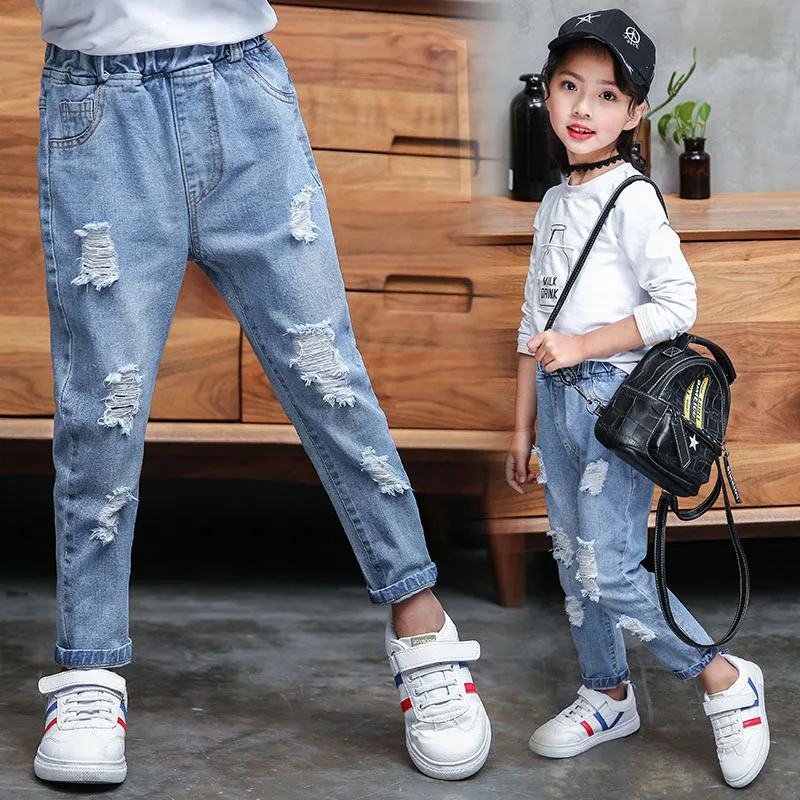 

Pring Girls Jeans 2021 New Fashion Big Kids Korean Version Of Ripped Jeans Girls Children's Clothes Pants Baby Girls Trousers