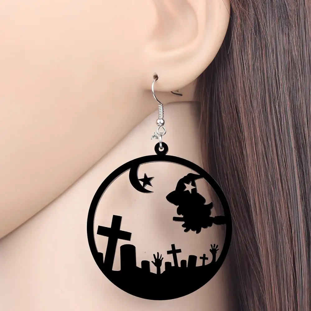 ARWA Acrylic Halloween Big Round Circle Hollow Broomstick Witch Grave Zombie Hand Cross Earrings Drop Dangle Girl Kid Charm Gift | Украшения