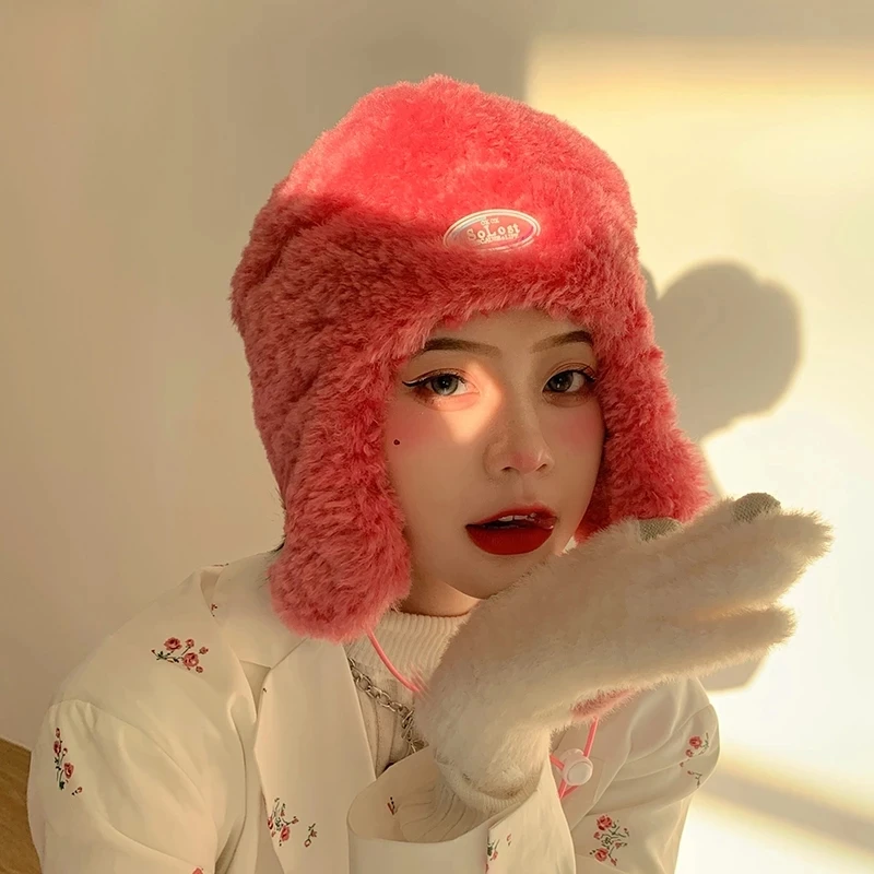 

Artificial fur Winter hats Hat with earflaps hat Russian Winter caps fur hood hat Lamb hair Women's Bomber Hats warm beanies cap