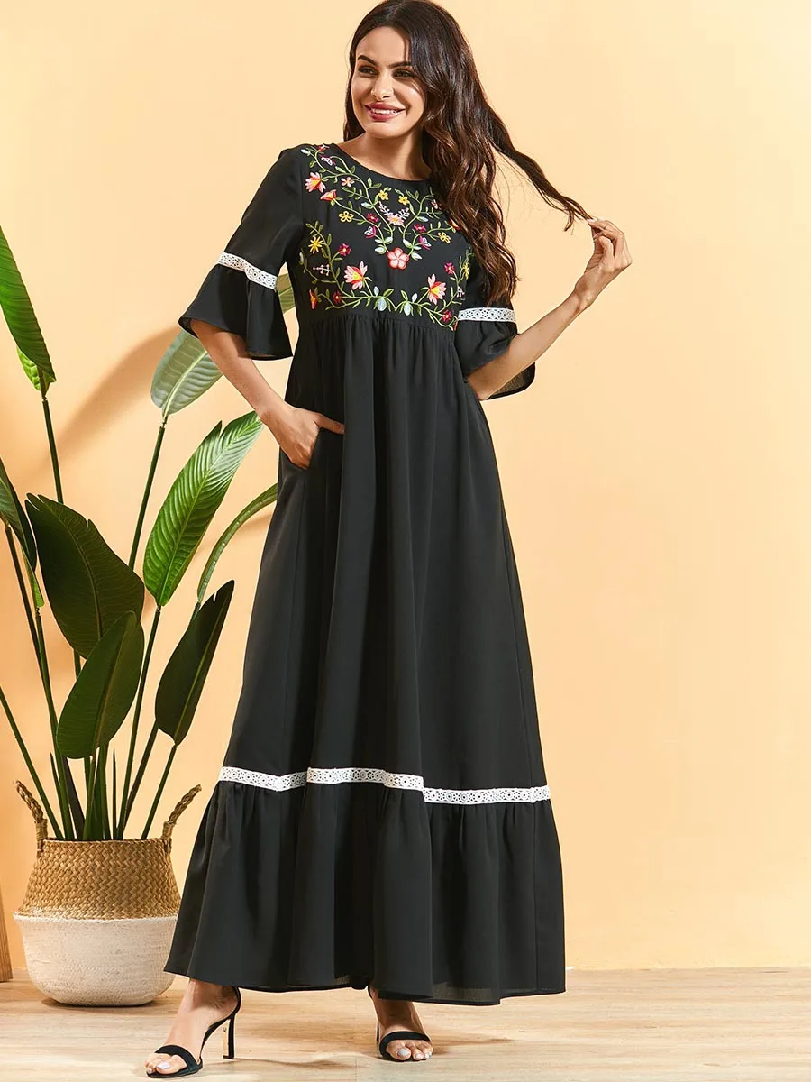 

Black Webbing Summer Splicing Loose Casual Ethnic Dress Short sleev Plus Size Maxi Dress for Women Arabic Muslim Islamic Clothes