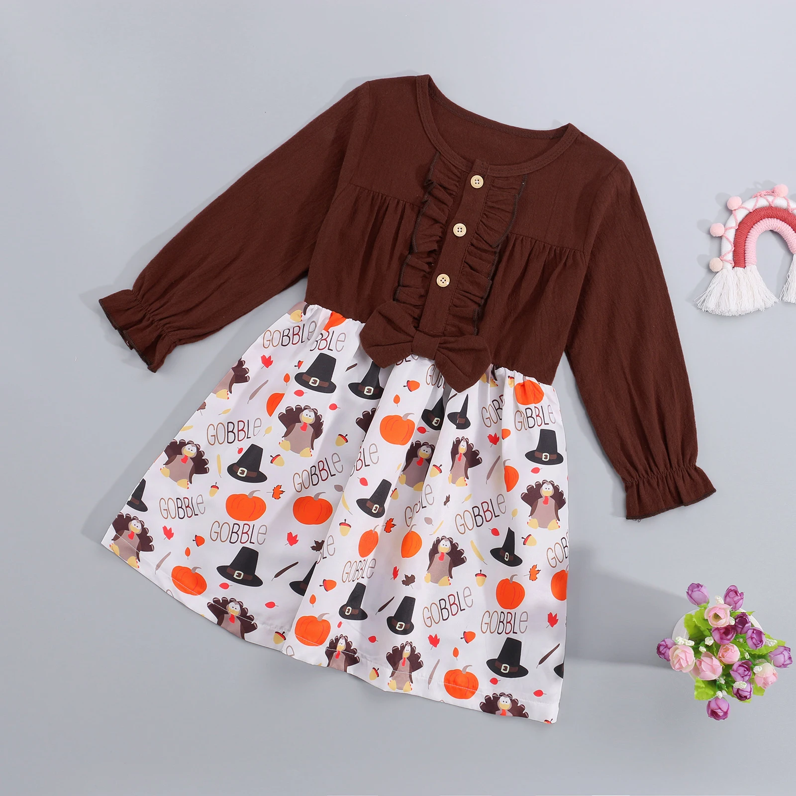 

Children's Clothing Cartoon Printed Long Sleeves Ruffle Splicing High Waist Dress Toddler Girls Casual Spring Autumn Dresses