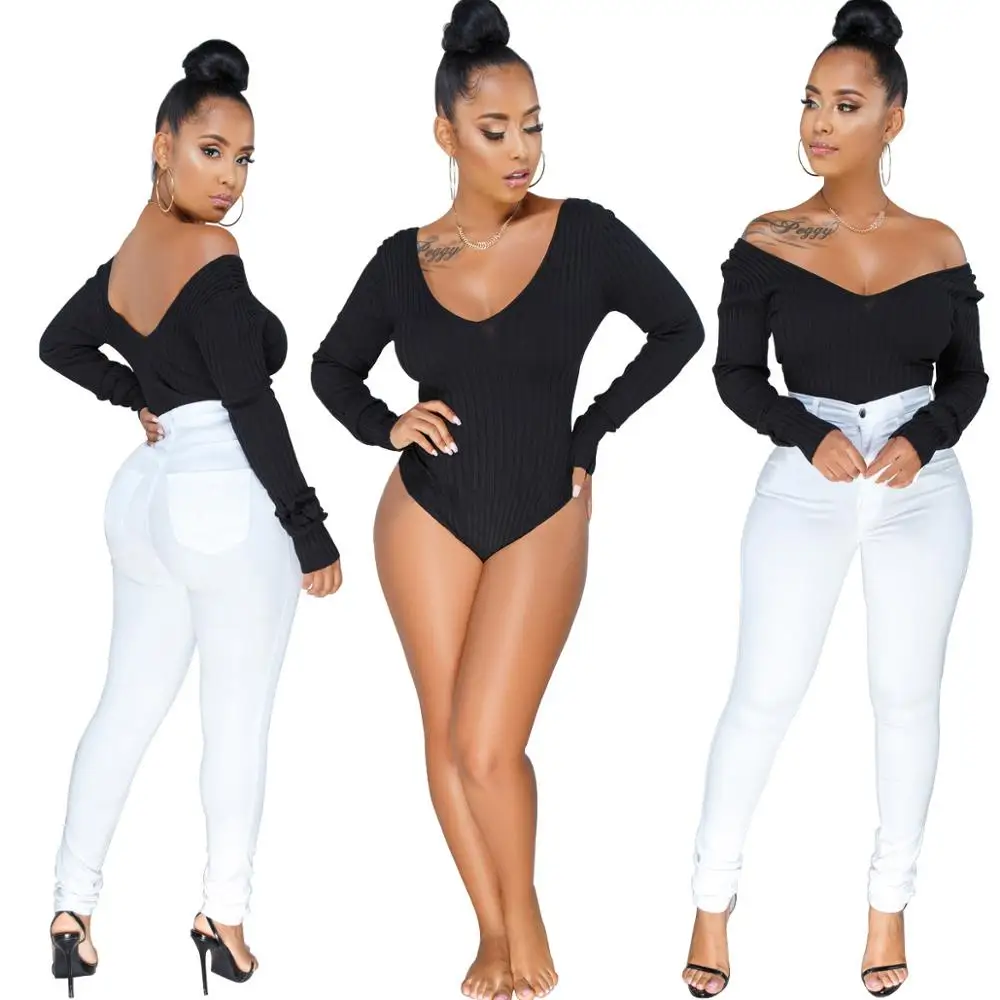 

Weigou Women Jumpsuits Rompers Knit Long Sleeve Deep V Bodycon Thong Bodysuit Tops Stretch Leotard Jumpsuits