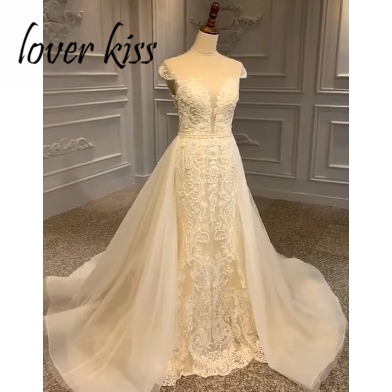 Любовник Поцелуй длинное платье Vestidos De Novia украшенная жемчугом и кружевом Модель