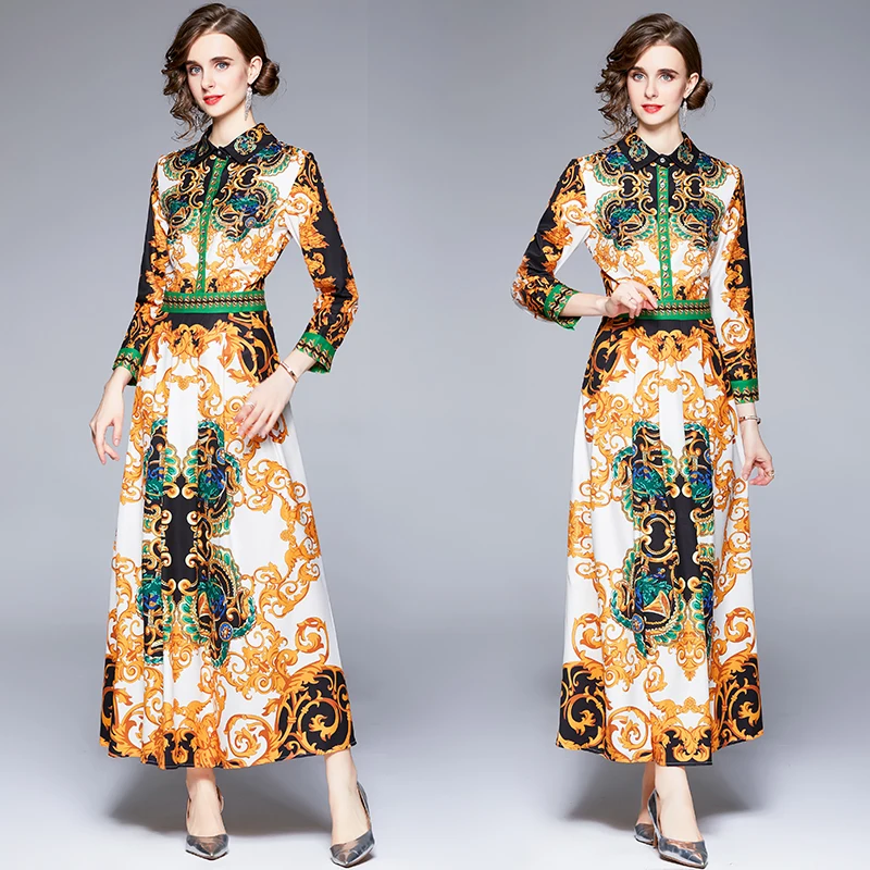 

Women's Spring and Autumn New Retro Court Printed Slim-Fit Long Sleeve Single-Breasted Lapel Long Dress