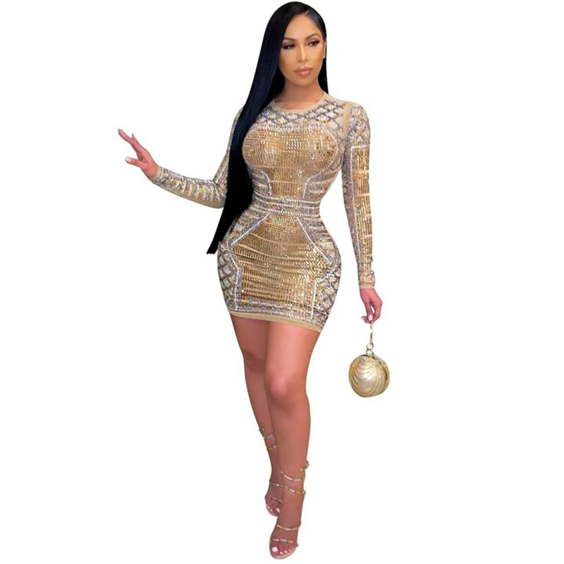 

Fashion Rhinestone Long Sleeve Mini Dress