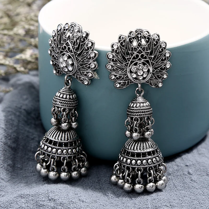 Модные серьги в индийском стиле для женщин окисленные Jhumka серебряный цвет