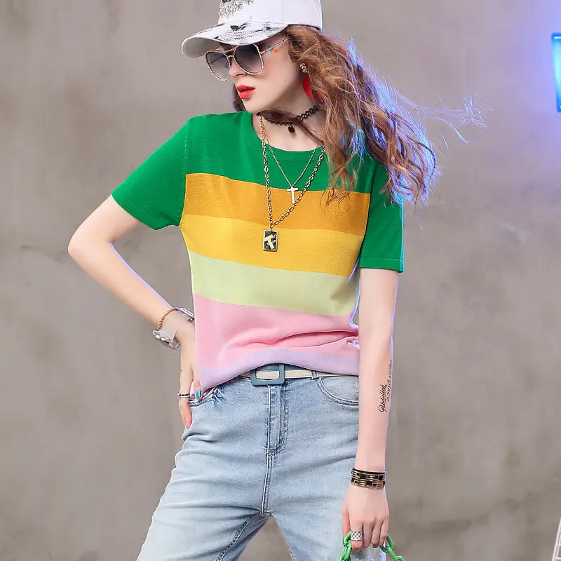 

2021 spring and summer ice silk knitted short sleeve T-shirt fashion contrast stitching large women's top