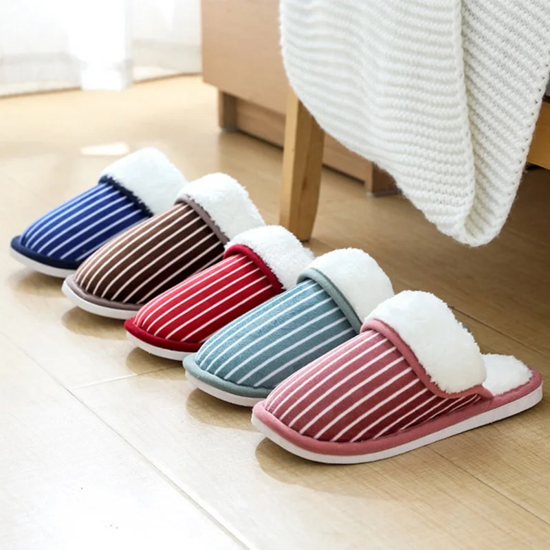 

Women Winter Slippers Autumn Casual Shoes Home Couple Indoor Stripe Plush Woman Footwear Flats Ladies Fashion New Female 2020