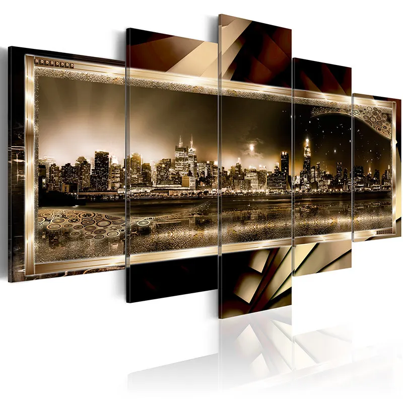 

Modern Painting Canvas 5 Panels City Night Abstract Beautiful New York City and Liver Living Room Wall Art Home Decor