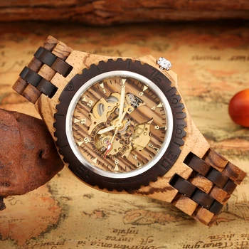Wooden Automatic Watch for Men - Golden Skeleton Arabic Numerals 5