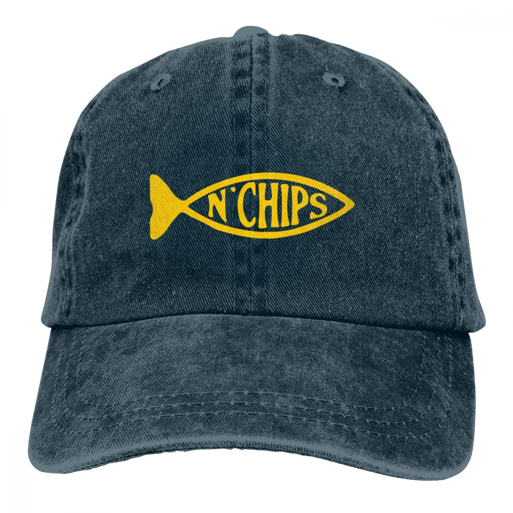 Рыба и чипсы Casquette черный унисекс Мужские Женские джинсовые бейсболка с ремешком кепки Регулируемый Гольф папа шляпа