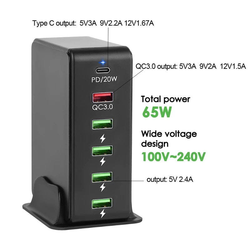 

Universal EU Plug 6-Ports 18W QC 3.0 USB 20W PD Type C USB C Fast Charger Power Adapter Charging Hub for Mobile Smartphone X6HA