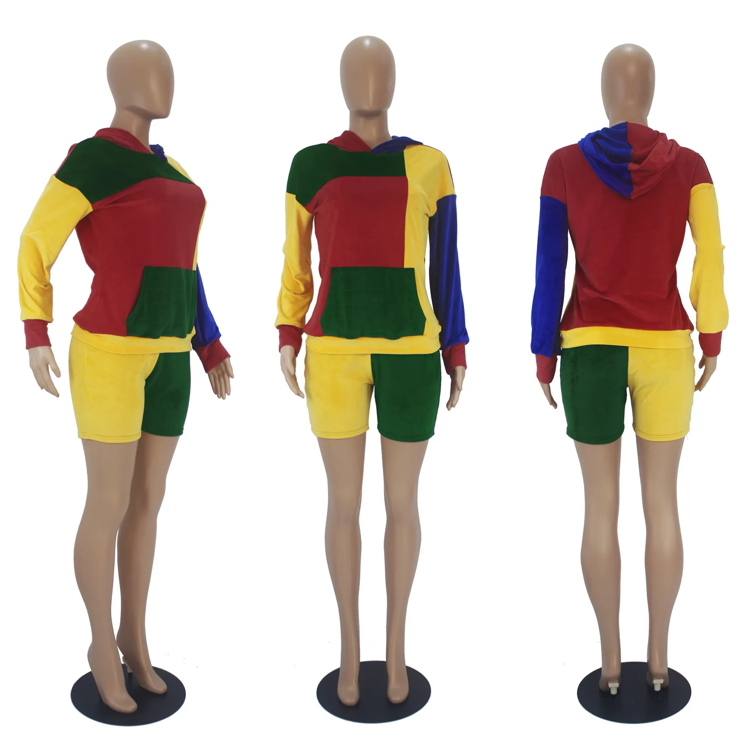 

Fashion Contrast Colors Casual Women Sets Pockets Long Sleeve Hooded Top+ High Waist Short Pants Tracksuits Street Wear 2021