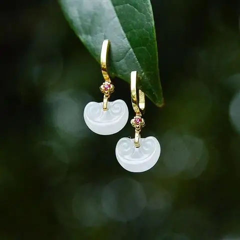 

Yunmengqi Natural Hetian Jade White Jade Ruyi Earrings 925 Sterling Silver Jade Eardrops Classical Court Style Earrings