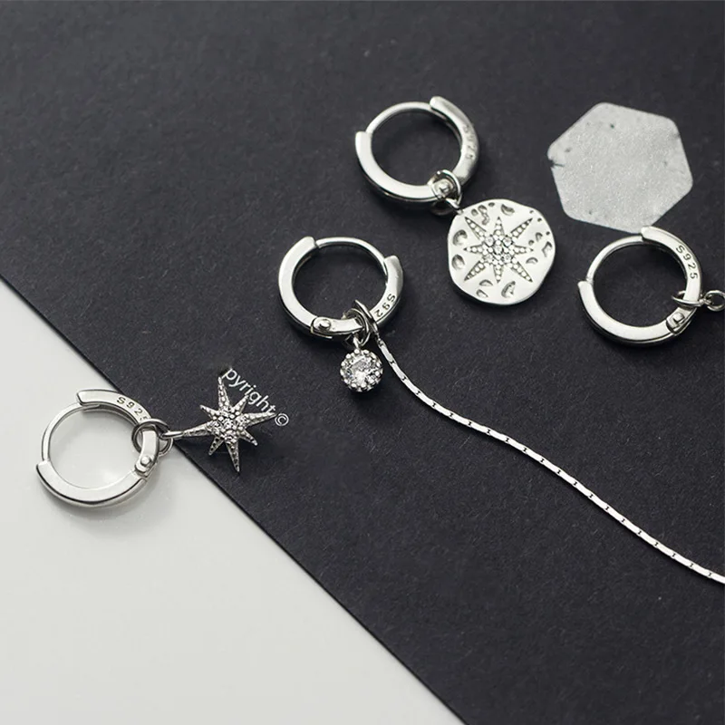 925 Sterling Silver Circle Round Star Drop Earrings for Women Asymmetry Zircon Tassel Chain Simple Hoop Fine Jewelry | Украшения и