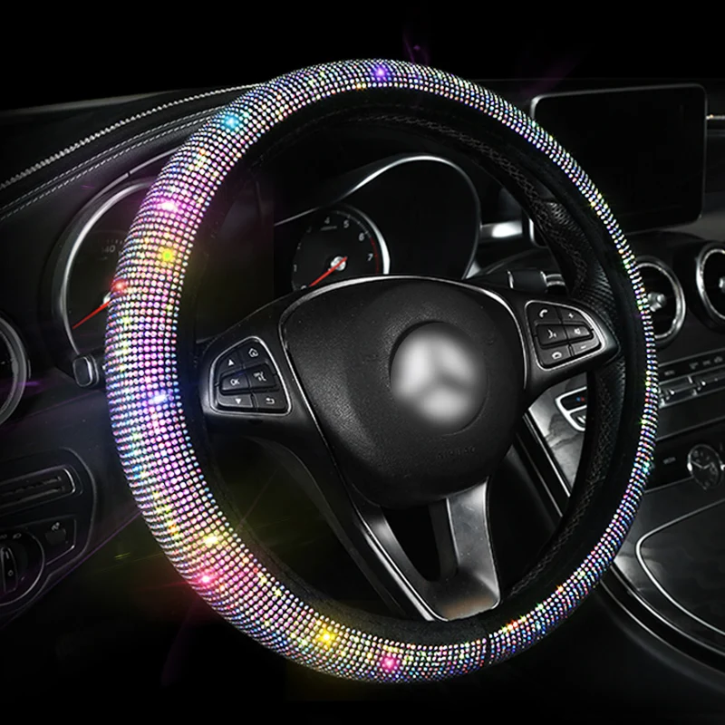 Luxury Crystal Colorful Rhinestone Car Steering Wheel Covers Diamante Rhinestone Car Covered D Shape 38cm