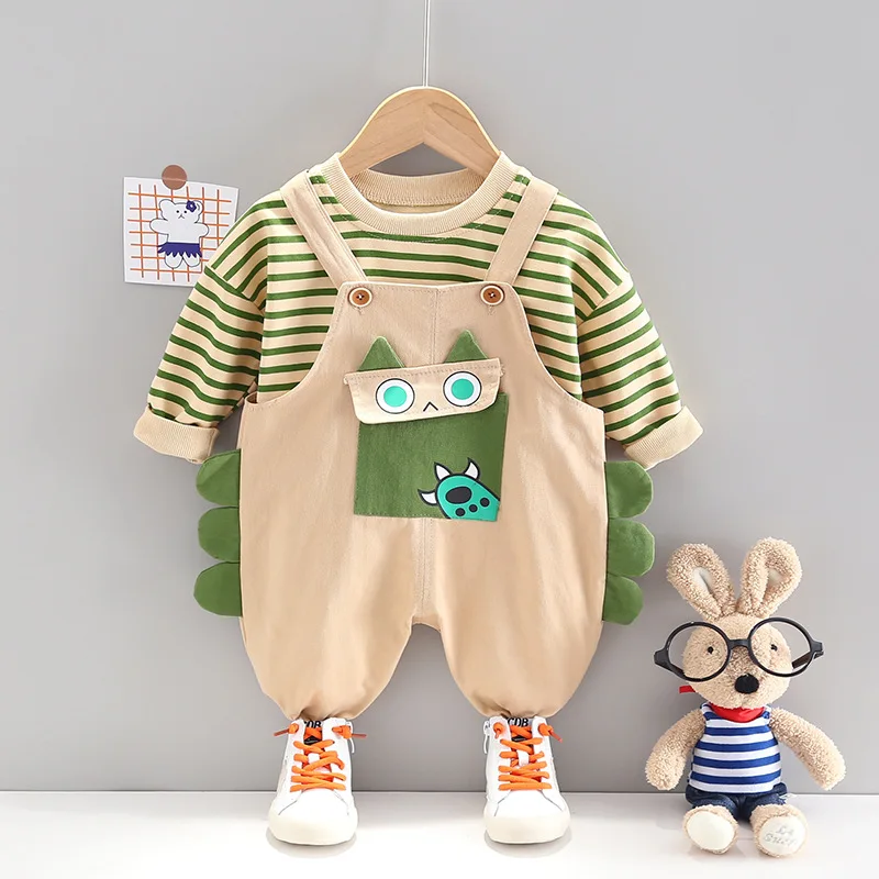 

Baby Girls Boys Fashion Clothing Sets Spring Infant Striped T-shirt+ Cartoon Overalls Kids Casual Tracksuits