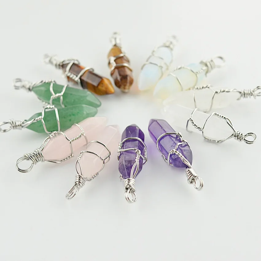 

8x32mm Natural Semi-precious Stone Pendants Hexagonal Column Silver Wire Winding 6 Colors for Choice DIY for Making Necklace