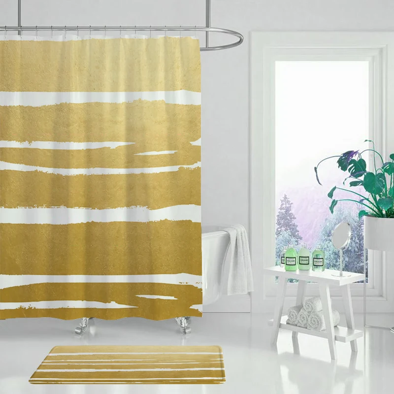 Штора для душа черная Золотая с рисунком скелета листьев природного дерева