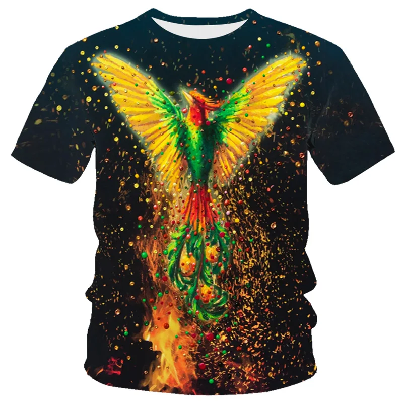 

Boys And Girls Flame Print T-shirt Phoenix Eagle Print T-shirt Harajuku Funny Animal Leisure Animation New Children's T-shirt