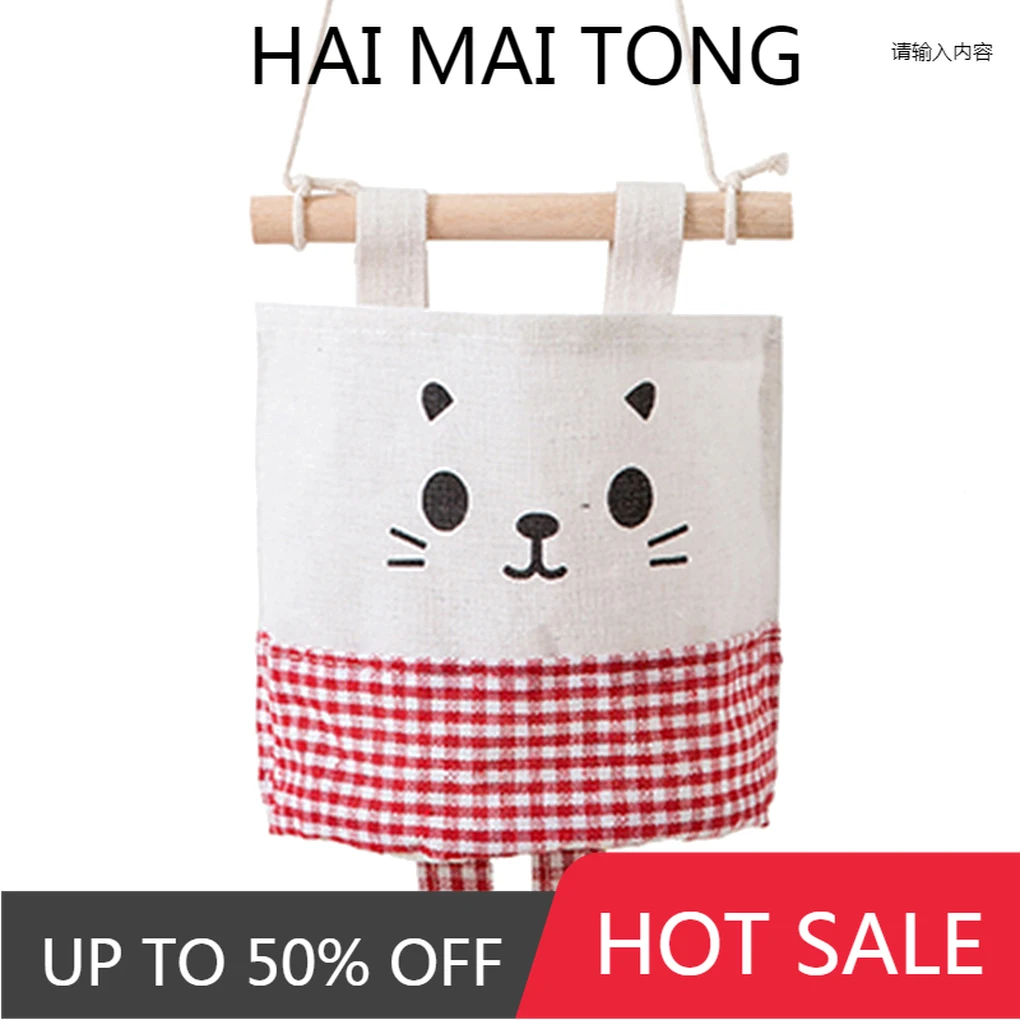 Bedroom Wall Hanging Basket Storage Pouch Bag Organizer Linen Cotton Storage Basket - Red