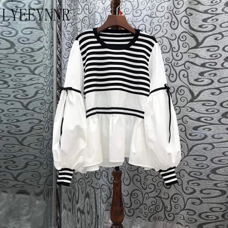 

LYEEYNNR Striped Shirts Women Contrast Color Long Sleeve Contrast Color Casual Tops Autumn New O Neck Korean Fashion Blouse