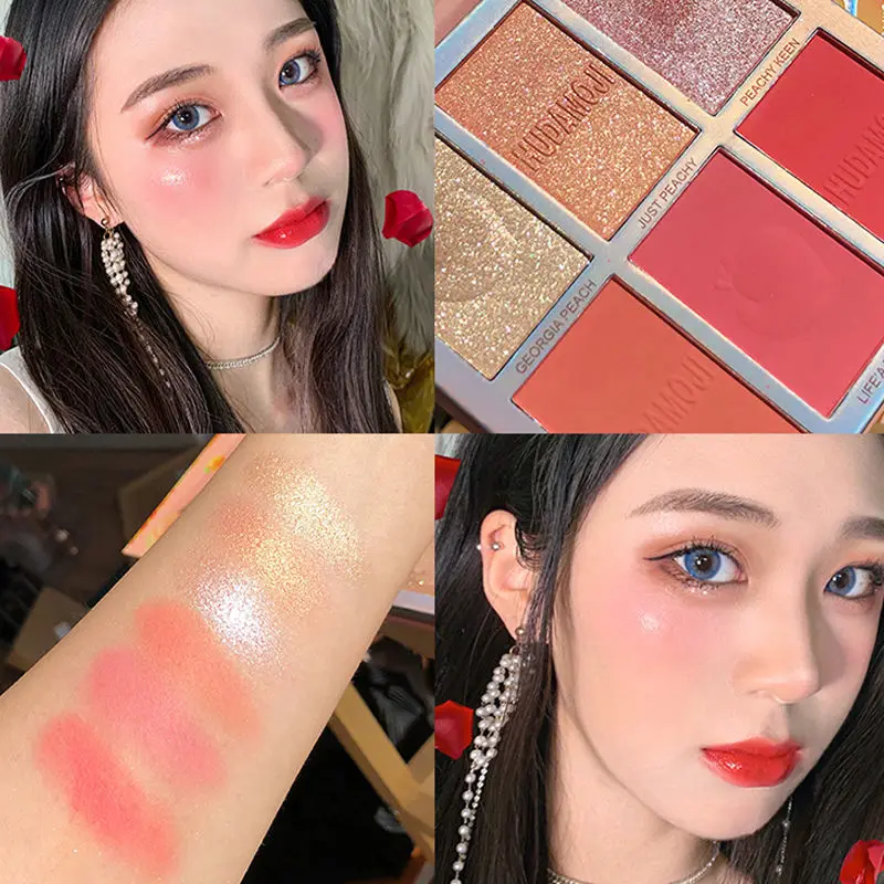 

6 Color Highlight Blush Eye Shadow Palette Pearl Shimmer Glitter Eye Makeup Peach Pink Rouge Plate Blendable Pigment Cosmetics