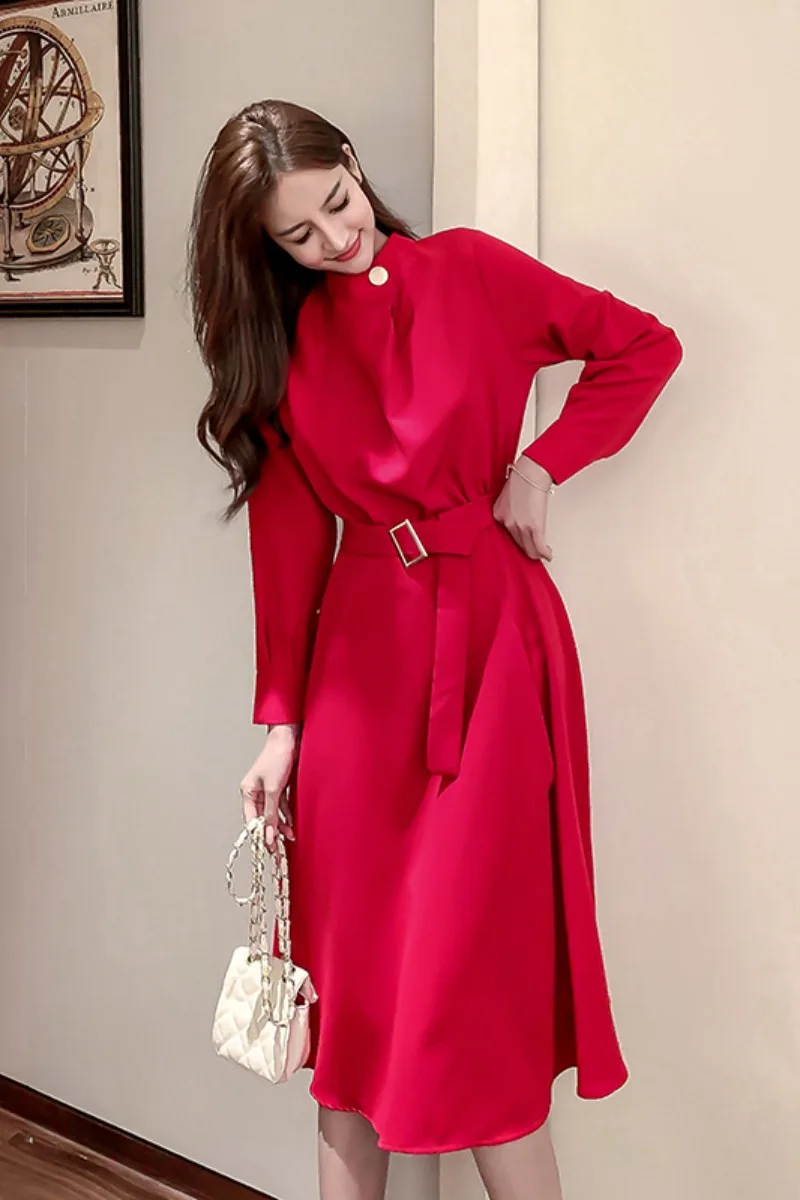 

COIGARSAM French Style Full Sleeve Women Long dress Spring Vintage Dresses Red Black 3713