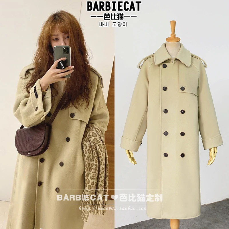 

2021 autumn winter fashion double breasted wool blends coat women lapel loose straight long woolen coat