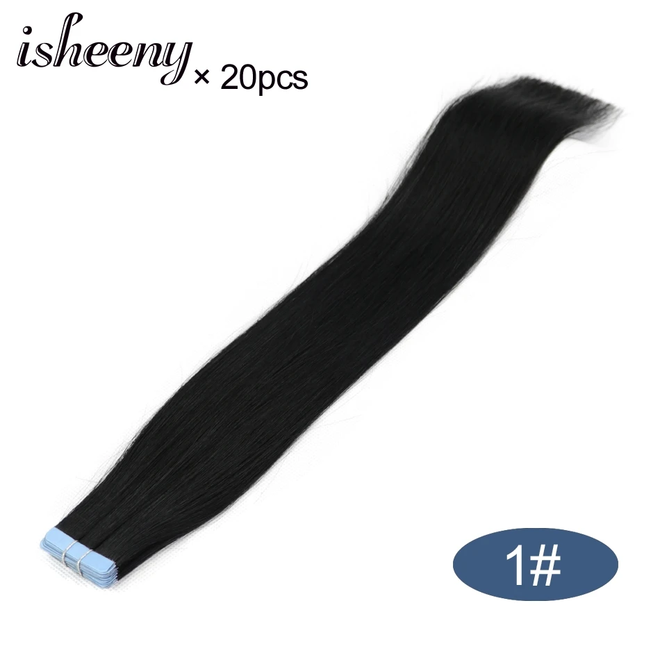 Isheeny 1" 18" 2" 22" 2" лента в Пряди человеческих волос для наращивания Прямой Реми на клей Невидимый PU выдвижение утка 14 цветов Выберите - Цвет: #1