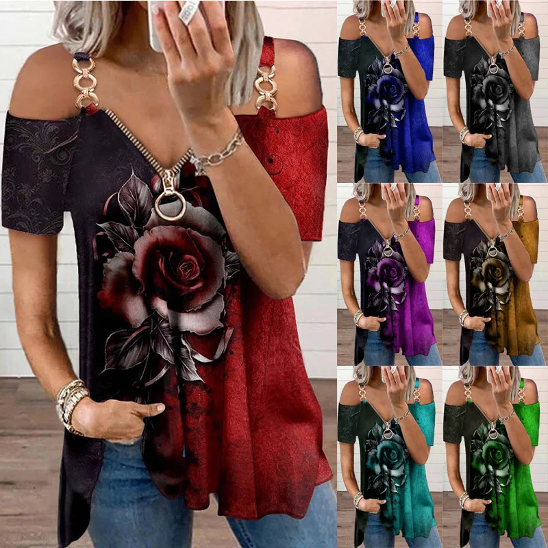 

Plus Size Women Sexy Summer Zipper V Neck Off Shoulder Shirt T Shirt Off Shoulder Rose Print Loose Fashion Short Sleeve Lady Top