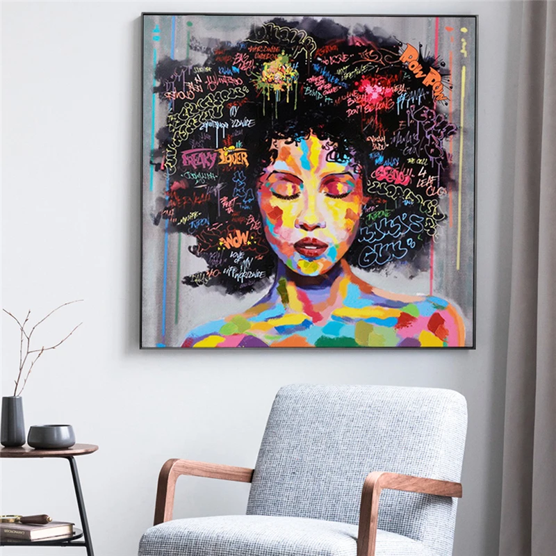 

Abstract African Girl With Letters Wall Art Canvas Modern Pop Wall Graffiti Art Paintings Black Woman Cuadros Picture Home Decor