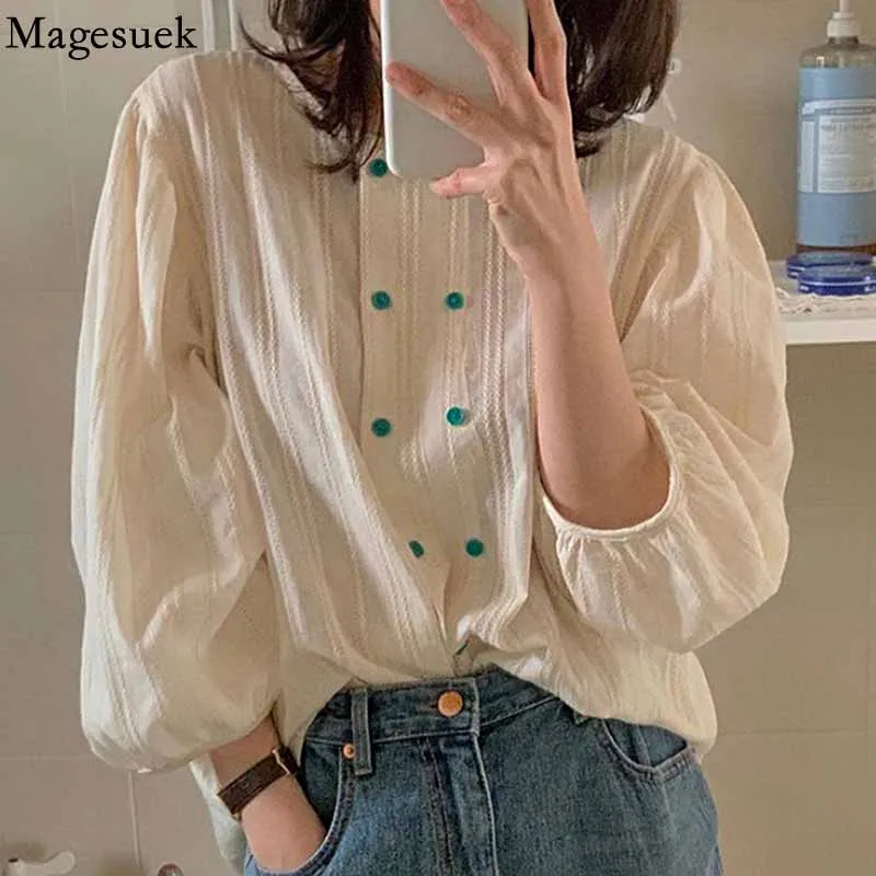

Vintage Loose Cotton Woman Shirt Fashion O Neck Double-breasted Casual Blouses Korean Style Office Lady White Tops Blusas 16191