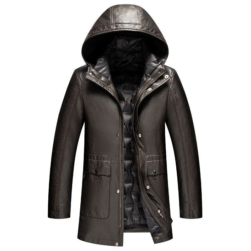 

M-4XL Black Men's Jackets and Coats Hooded Casual Leather Down Jacket Men Mid-length White Duck Down Liner Detachable deri ceket