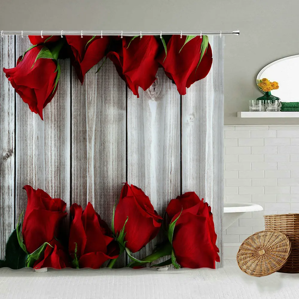 

Red Rose Flower Pattern Waterproof Shower Curtain Set Valentine Day Gift Bathroom Decoration Toilet Partition Screen With Hook